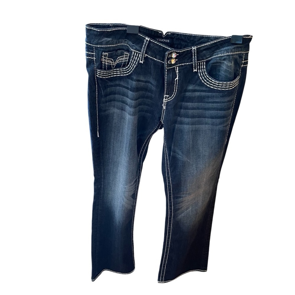 Vigoss Women's Blue Jeans-Size 18/33 White Stitching-Chelsea Slim Boot-Bling